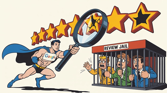 Retro comic style illustration of a Google superhero inspecting star ratings with a magnifying glass while three business owners sit in a cage labelled Review Jail, showing how Google is enforcing fake review penalties in 2026